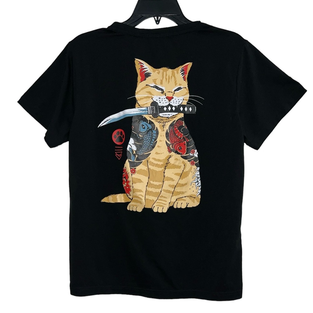 Romwe Women’s Japanese Samurai Ninja Cat Kawaii 
Graphic T-Shirt Size Small